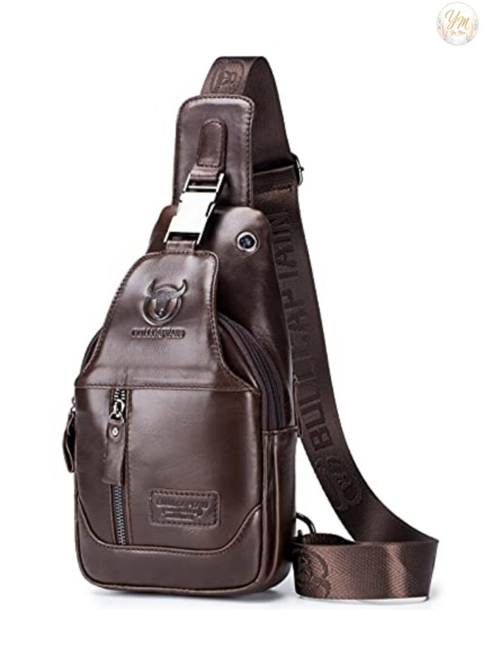 Genuine Leather Men Sling Crossbody Bag Multi Pocket Travel Daypack